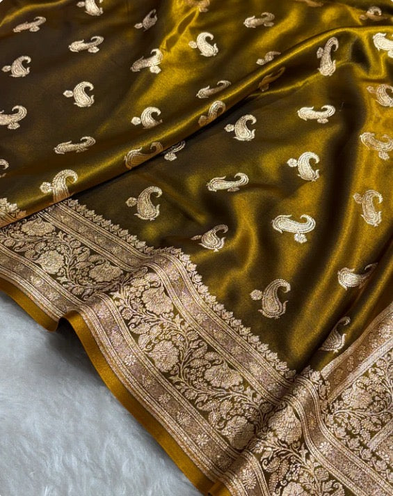 Mustard Banarasi Mashru Silk Saree
