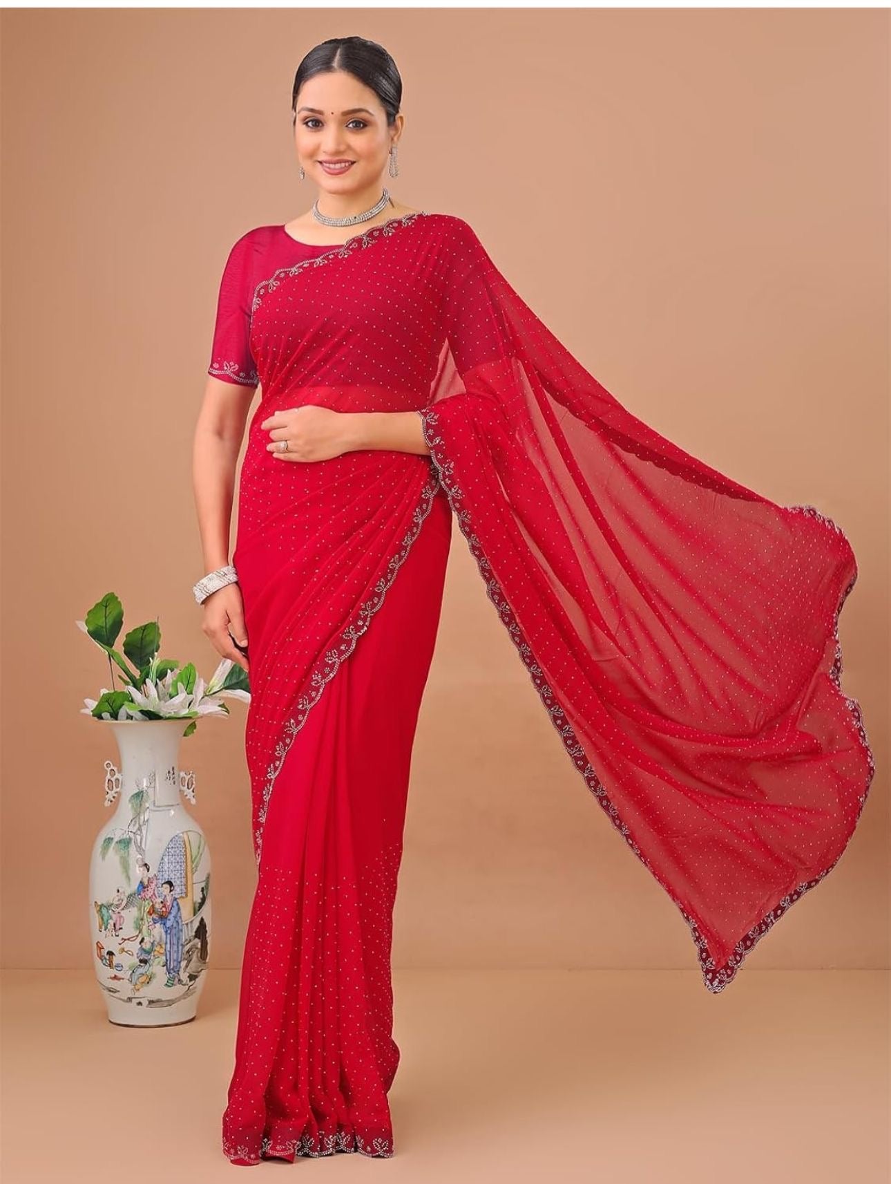 Red Chiffon Saree