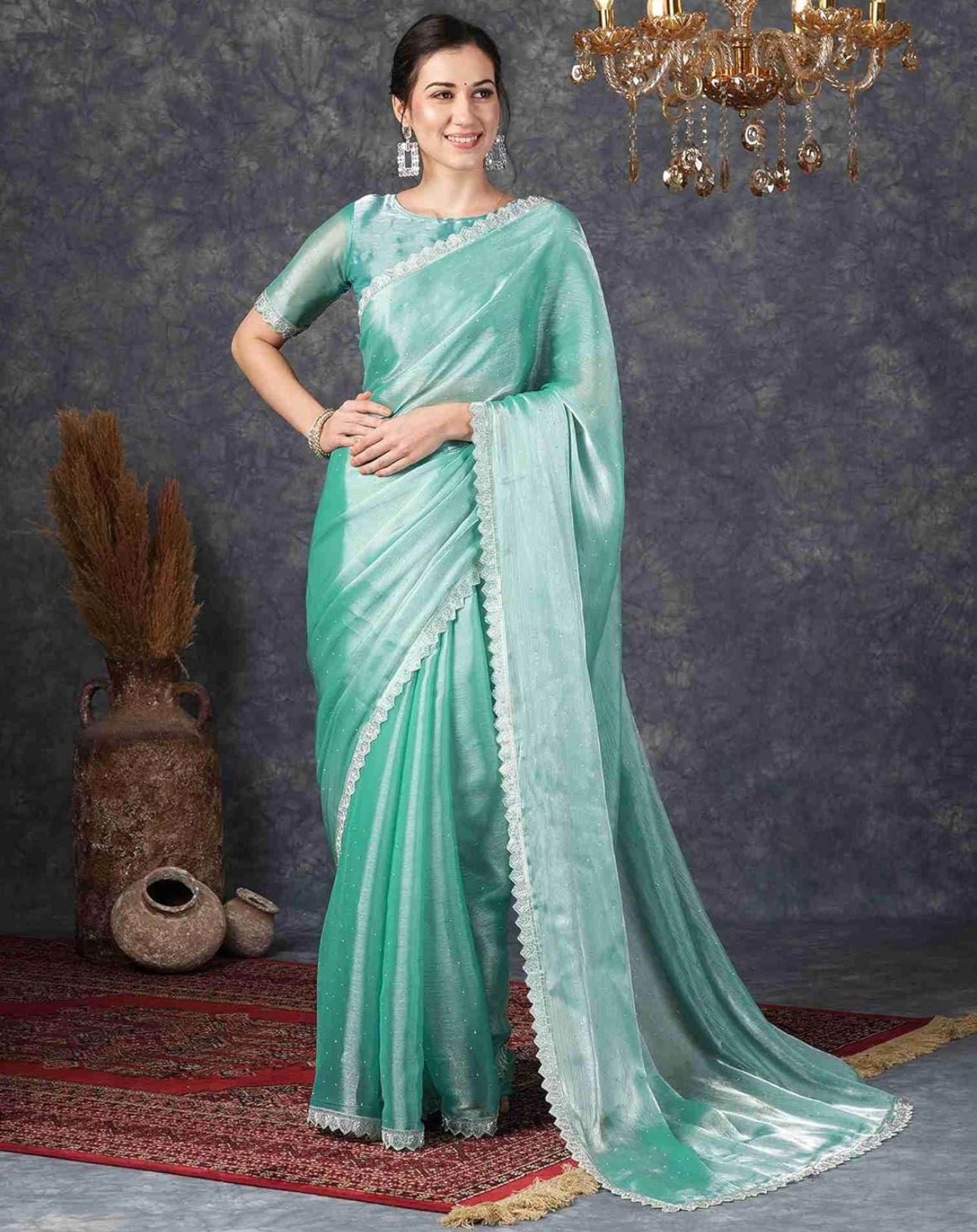 Skyblue Chiffon Diamond Work Party Wear Saree