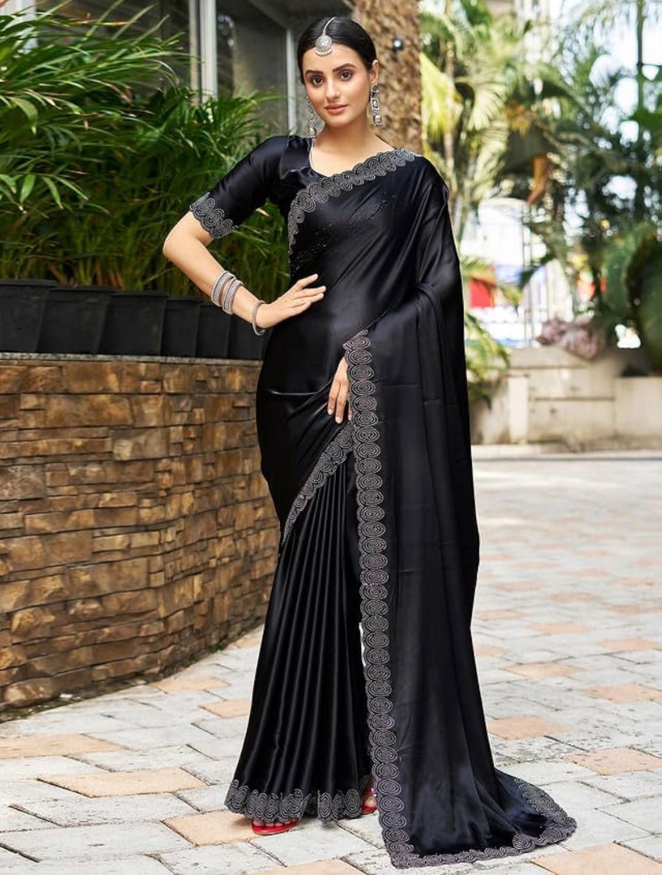 Black Satin Party Wear Saree
