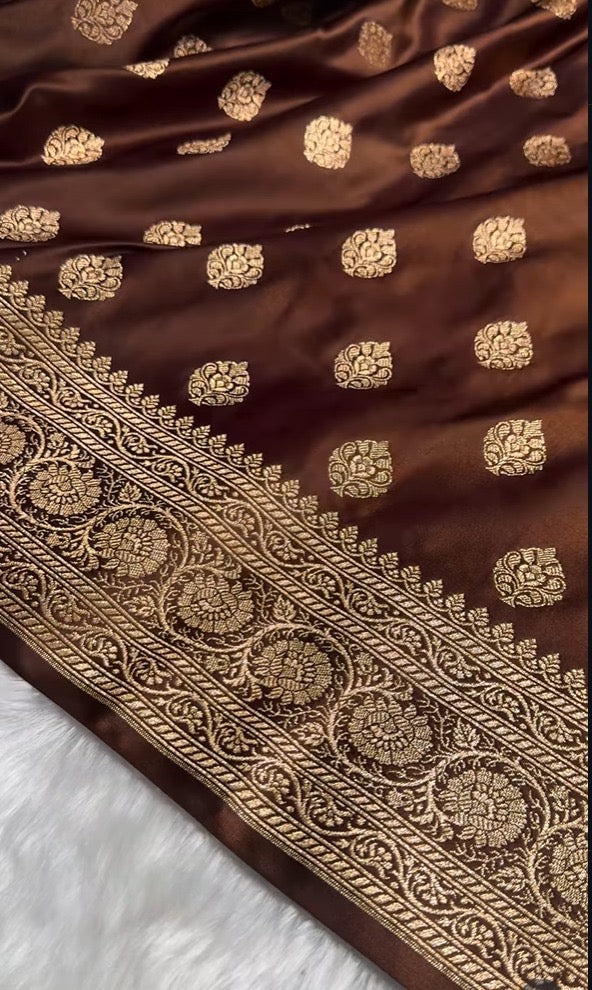 Dark Brown Banarasi Mashru Silk Saree