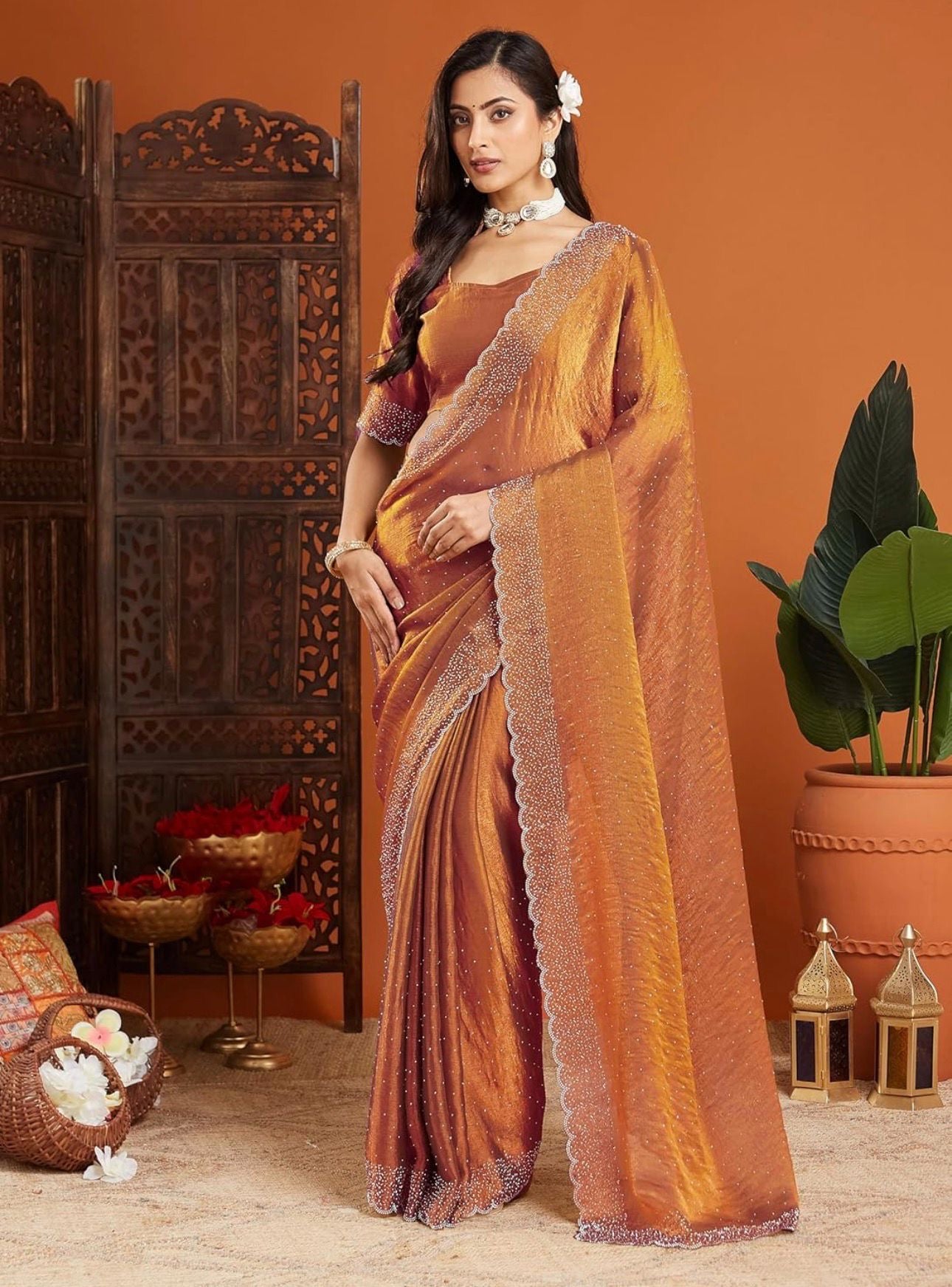 Peach Spacec Silk Party Wear Saree with Zarkhad Diamond Work