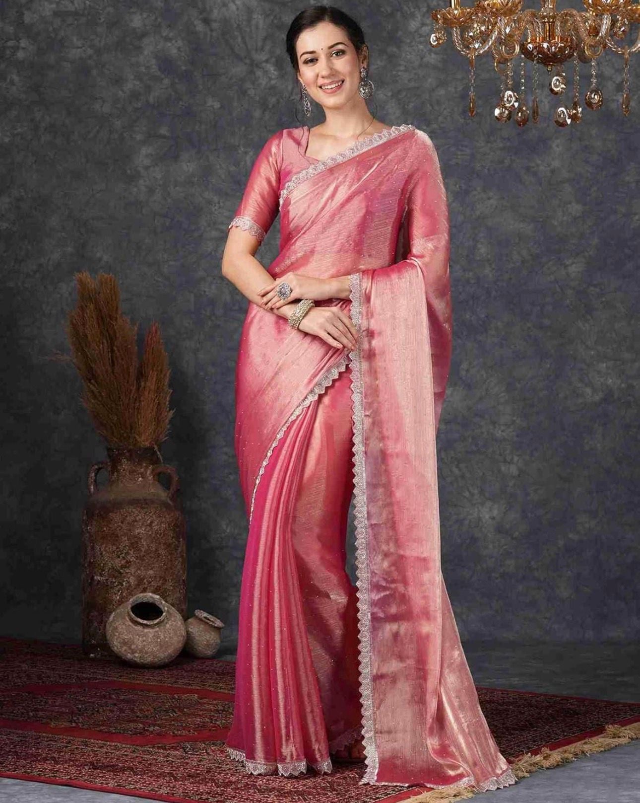 Pink Chiffon Diamond Work Party Wear Saree