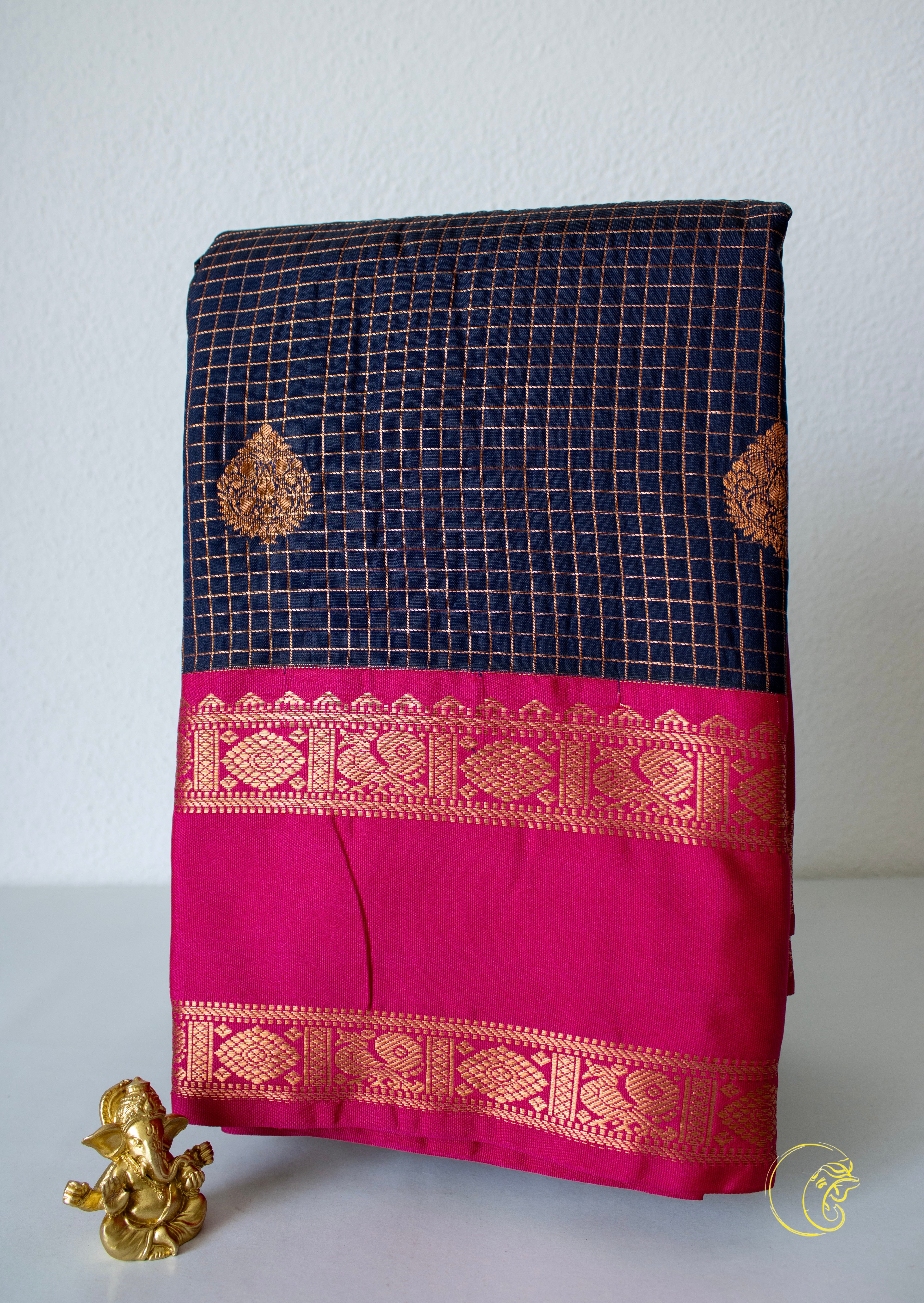 DarkBlue & Magenta SemiKanchi Saree (Kattam)