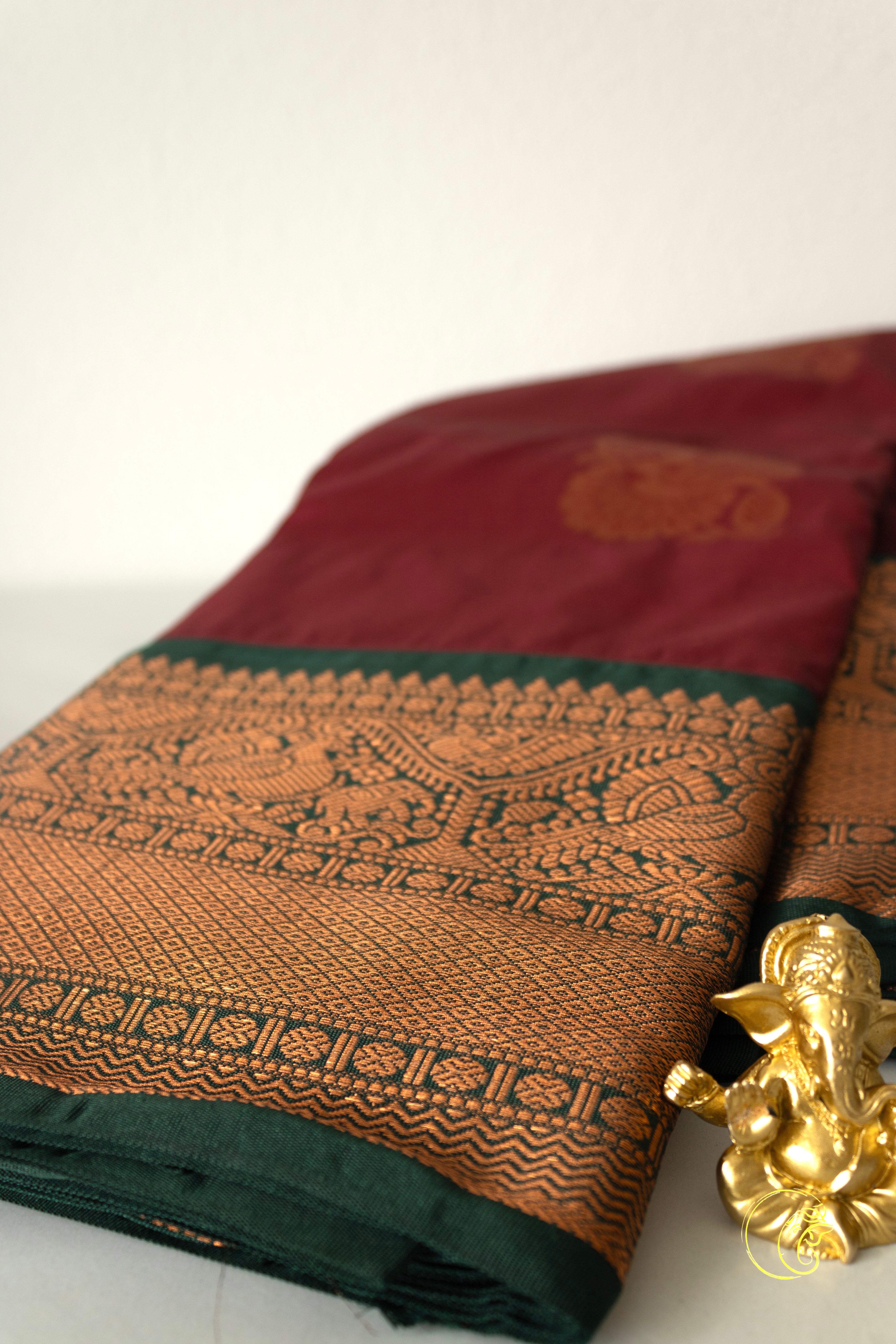 Cherry Red & Green SoftSilk Saree