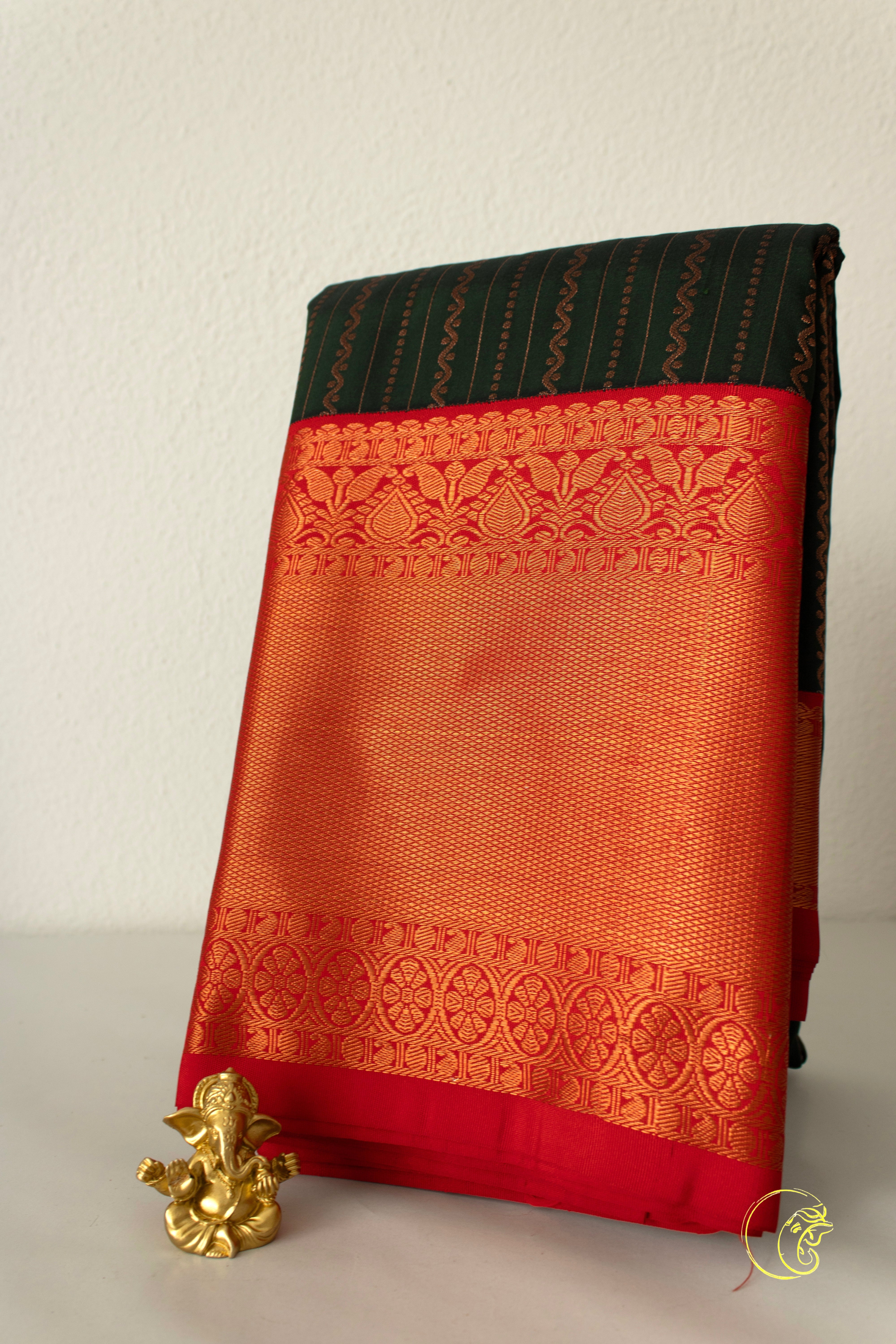 Dark Green & Coral Red SoftSilk Saree