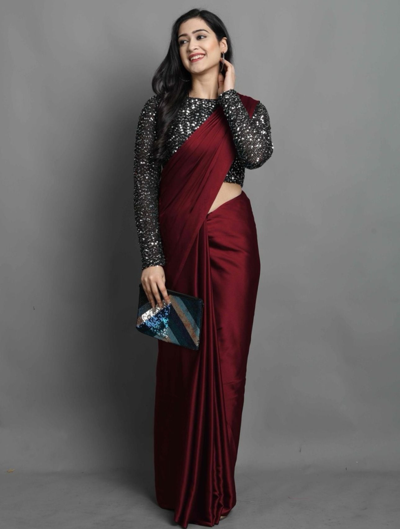 Maroon Satin Saree