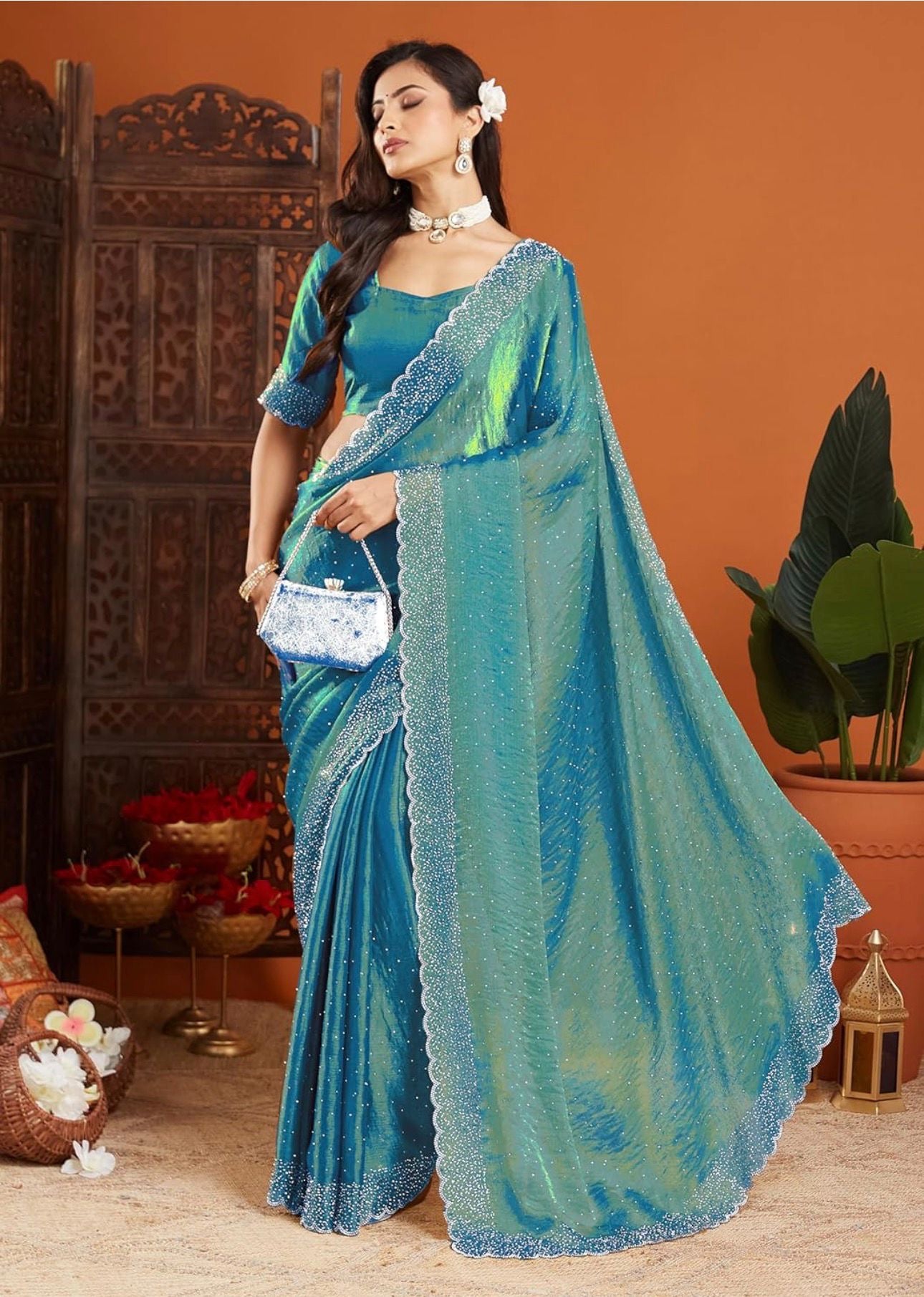 Teal Spacec Silk Party Wear Saree with Zarkhad Diamond Work