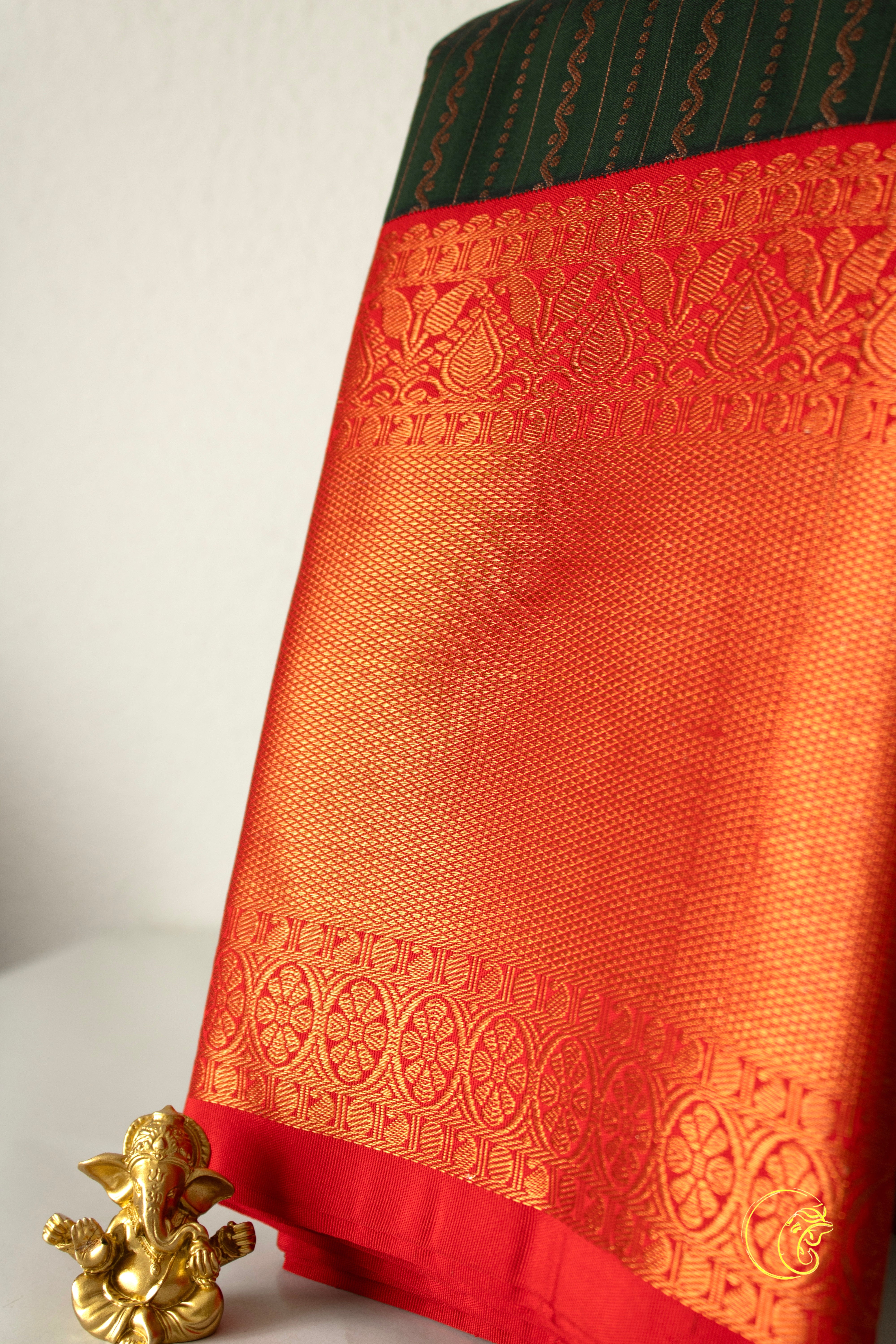 Dark Green & Coral Red SoftSilk Saree