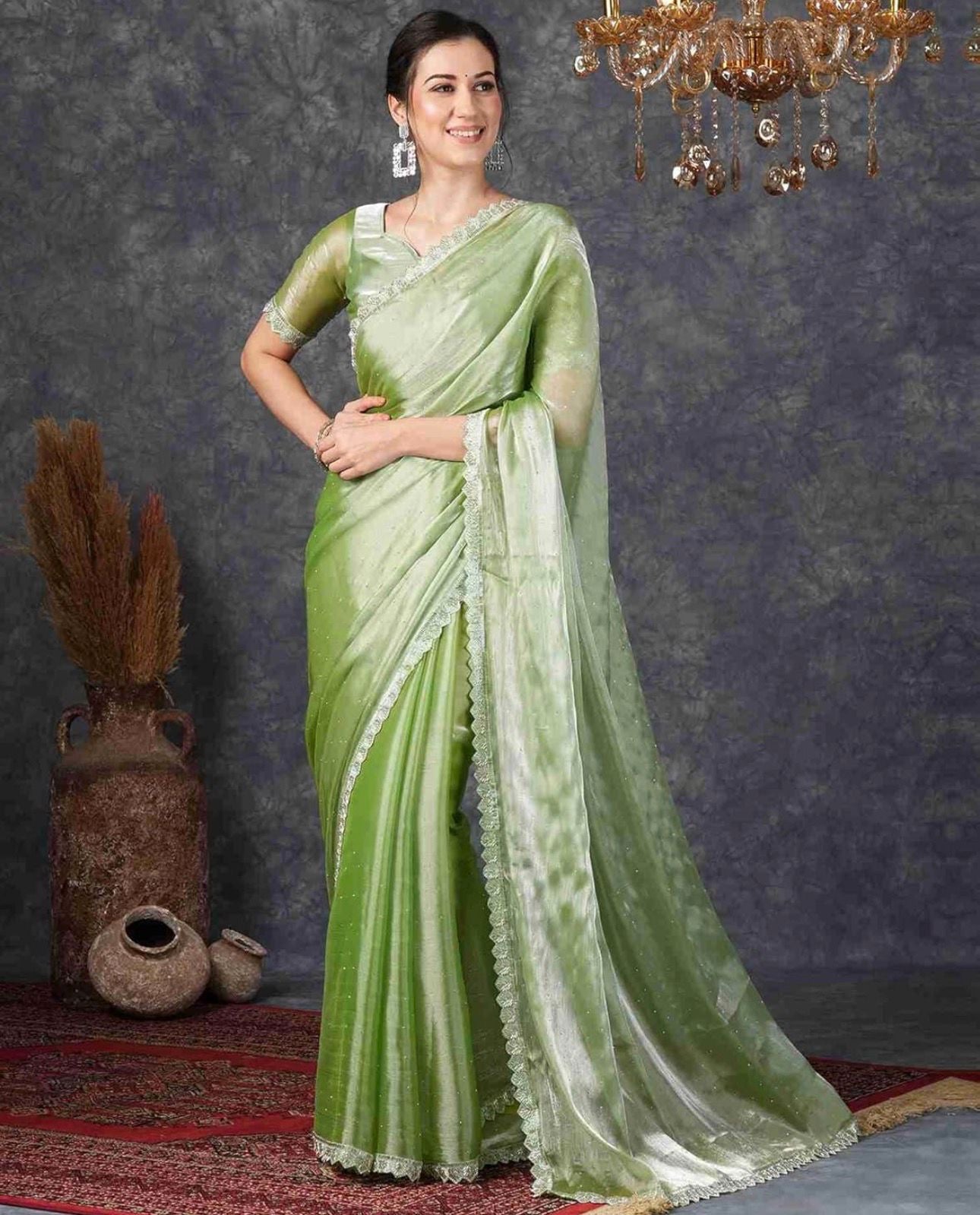 Pistachio Chiffon Diamond Work Party Wear Saree