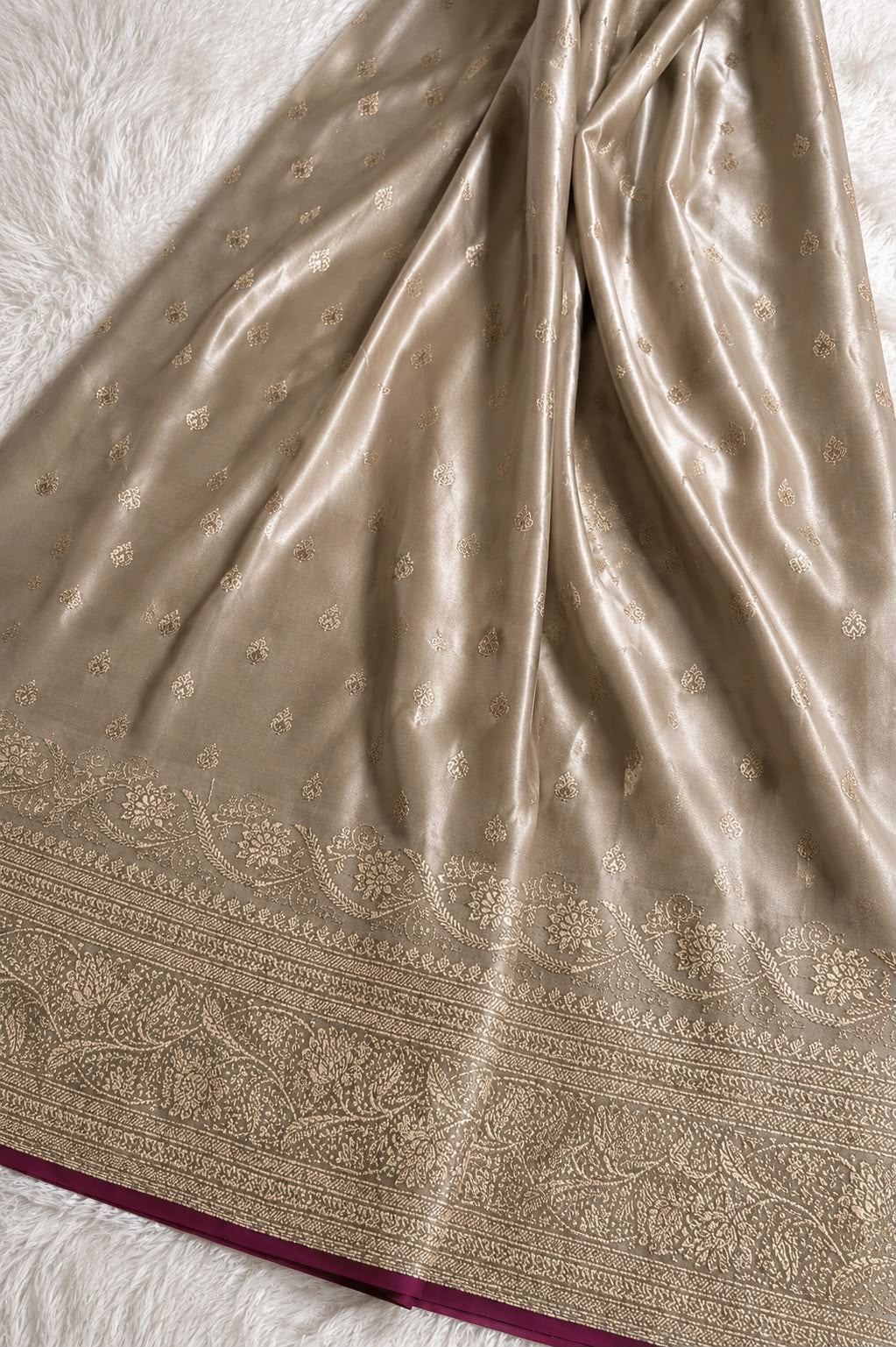 Gold/Beige Banarasi Mashru Silk Saree with dark red edge