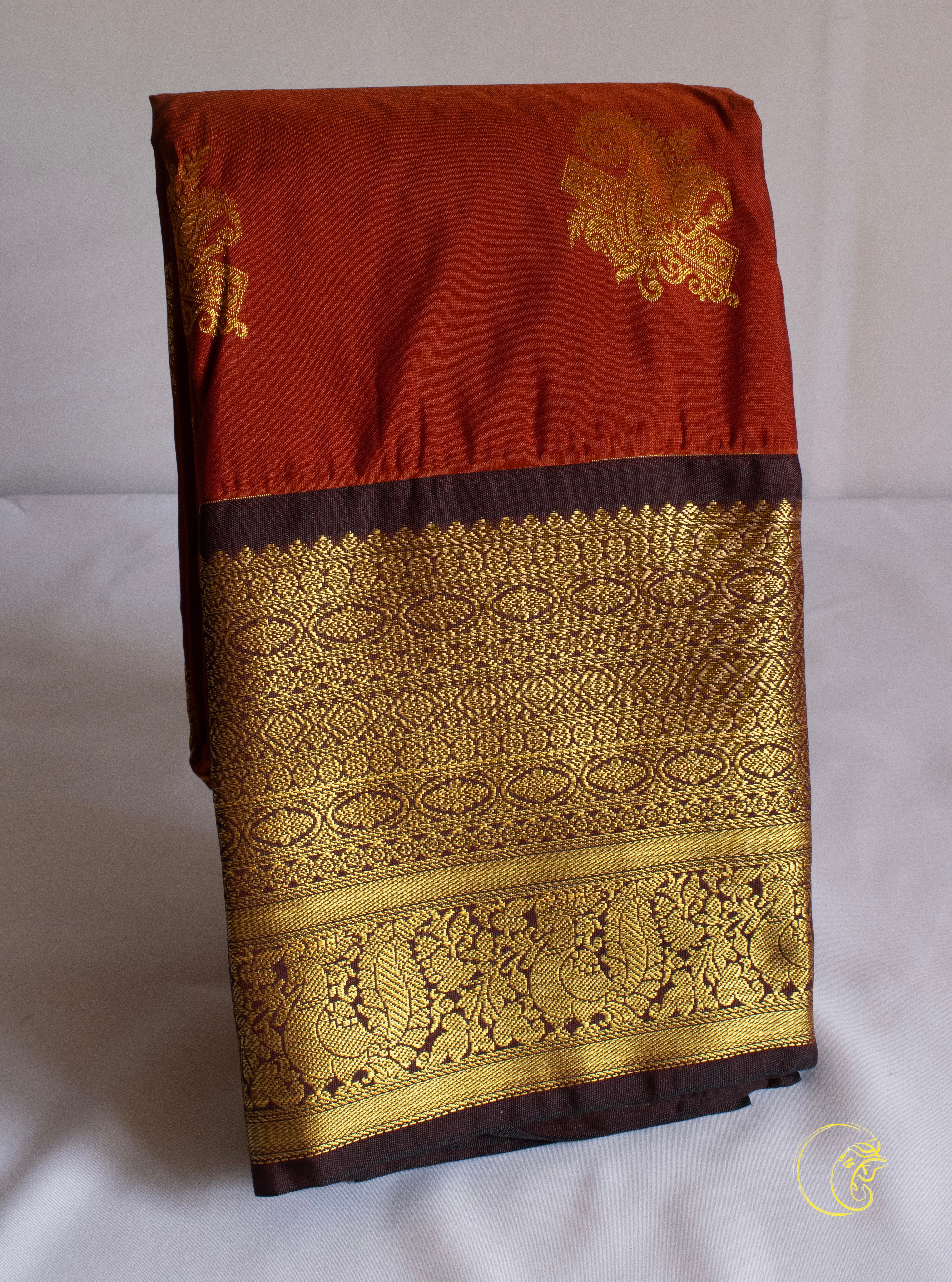 Burnt Orange & Dark Brown SemiKanchi Saree