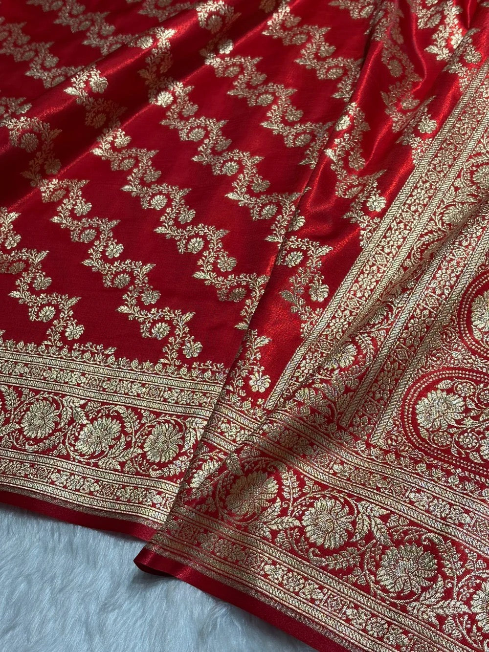 Cherry Red Banarasi Mashru Silk Saree