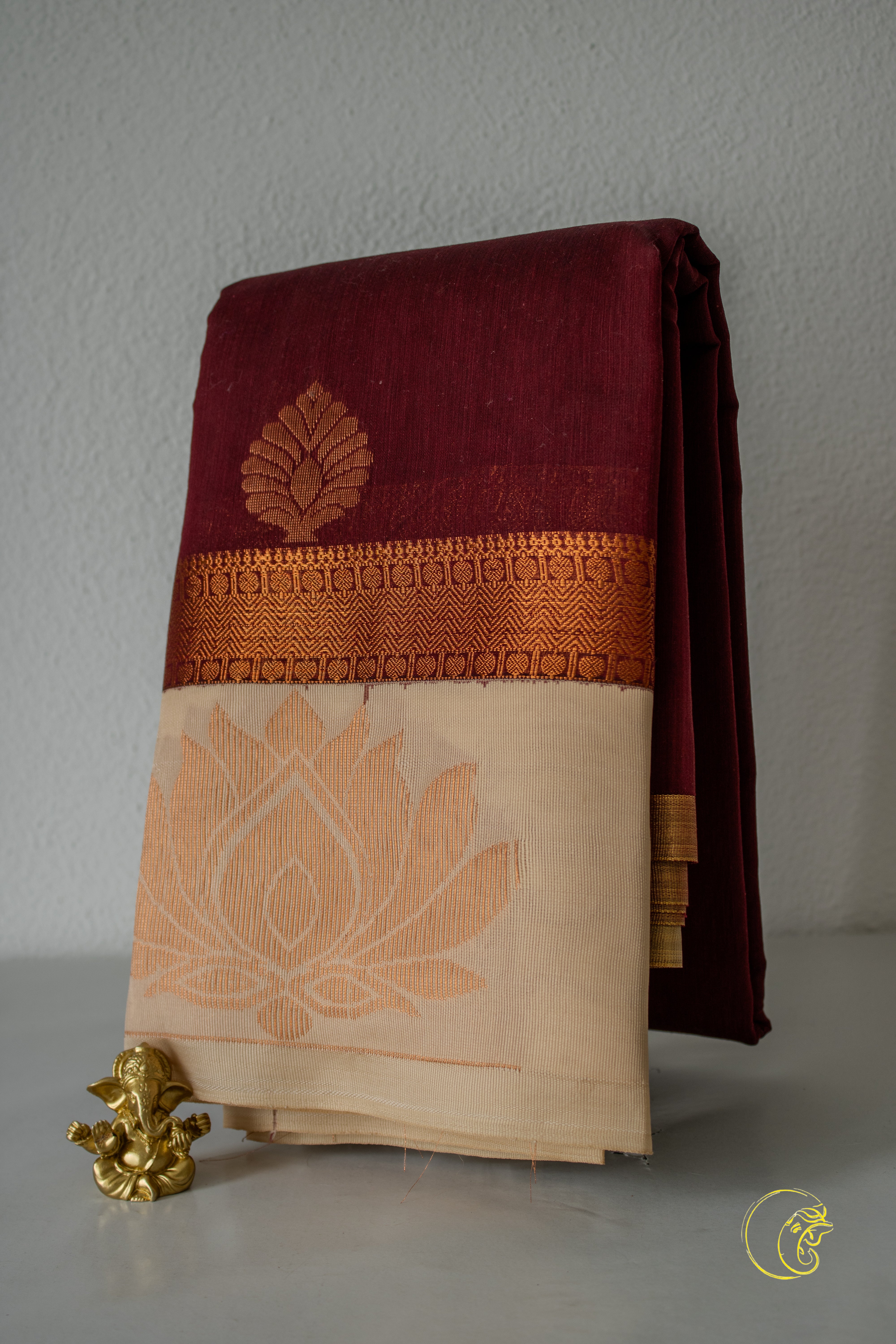 Tricolor Cotton Saree (Maroon, Cream & IceBlue)