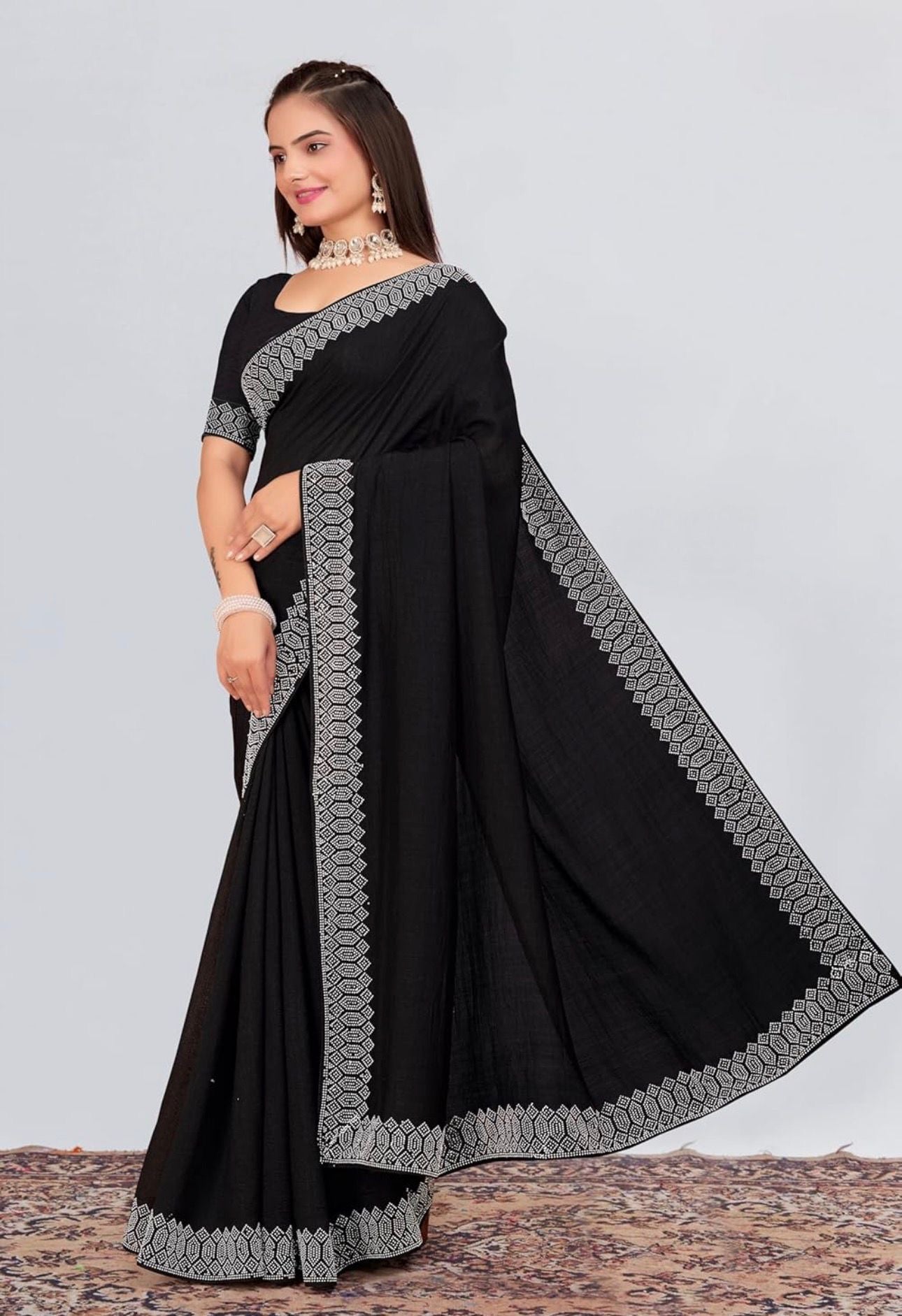 Black Georgette Stone Work Party Wear Saree